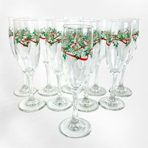 Libbey Christmas Champagne Flutes Set 10 Holly Ribbon Evergreen Snow 1990s